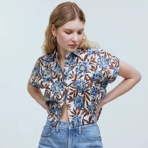 Madewell 100% Linen Floral Crop Dolman Shirt XL Minimalist Button-Up Top Natural